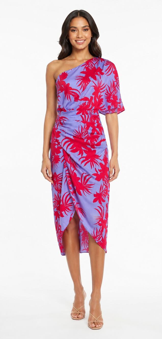 DO+BE One Shoulder Tropical Midi Dress Womens Size Small Purple Red Floral